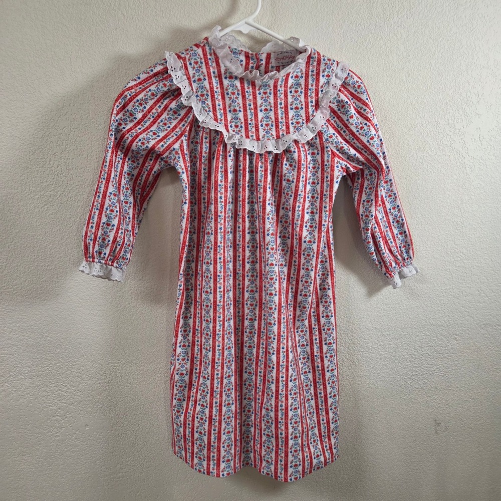 Lanz of Salzburg Girls Red White Blue Floral Stripe Flannel Nightgown Lace Trim